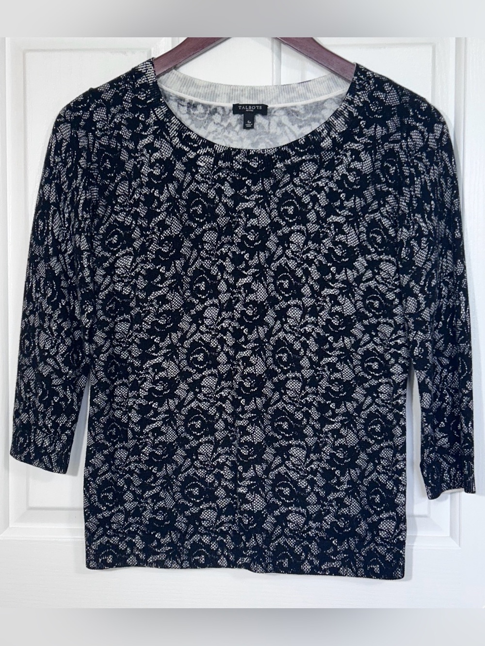 Talbots SP Petite Sweater Black White Floral Lace Pattern Crew Neck Midnight R